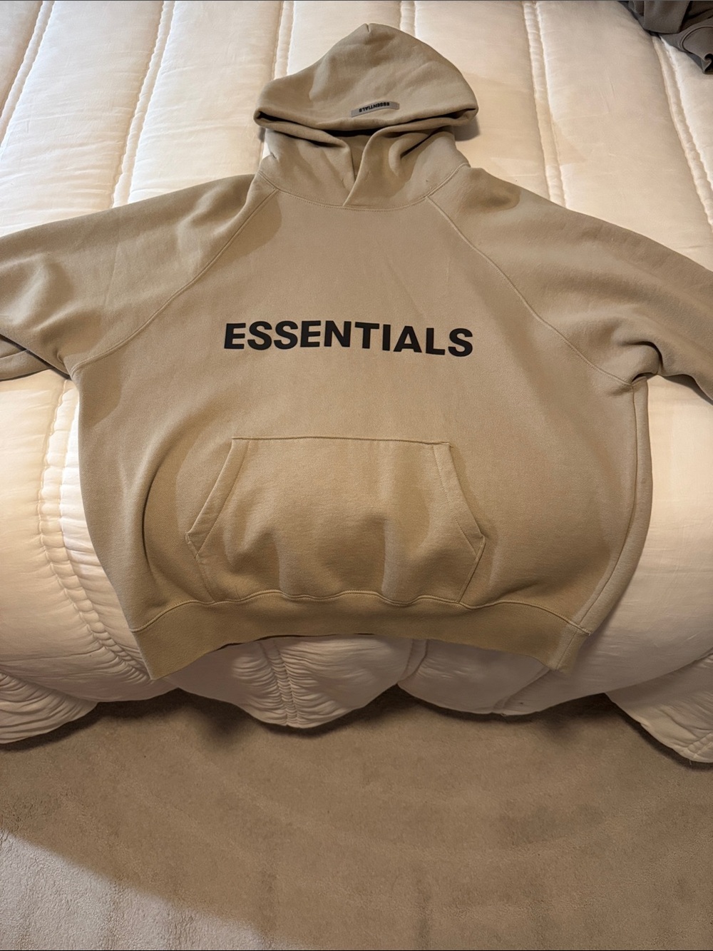 Essentials Men’s Beige Crewneck Hoodie with Black Logo